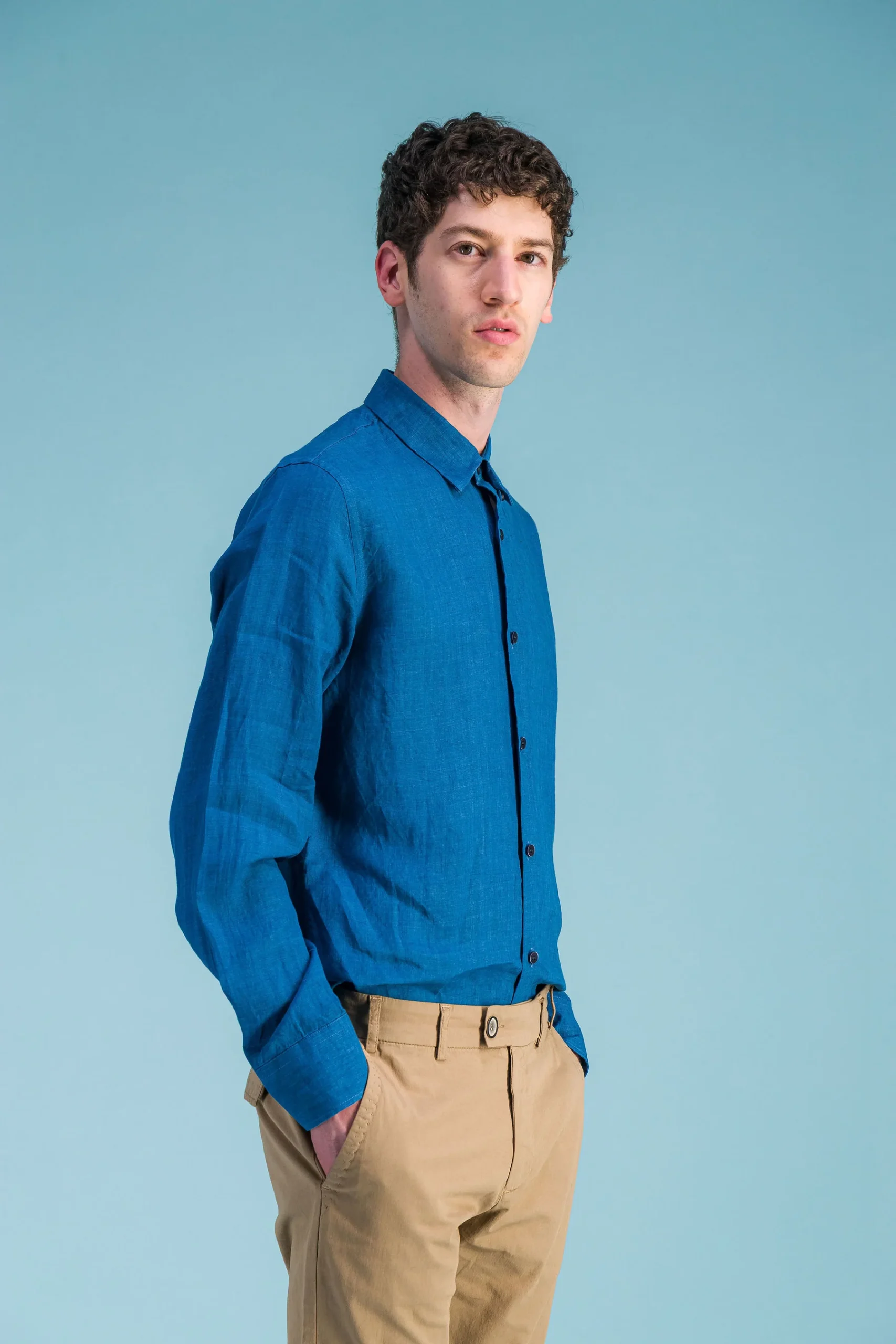 Heather Ocean Blue French Linen Shirt Men – JAGVI - Image 2